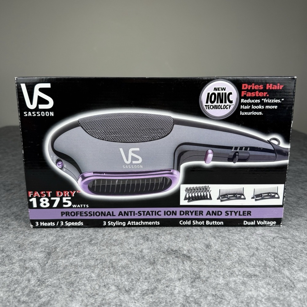 NEW Vidal Sassoon Fast Dry 1875 Ionic Dryer Styler Black Attachments VS783